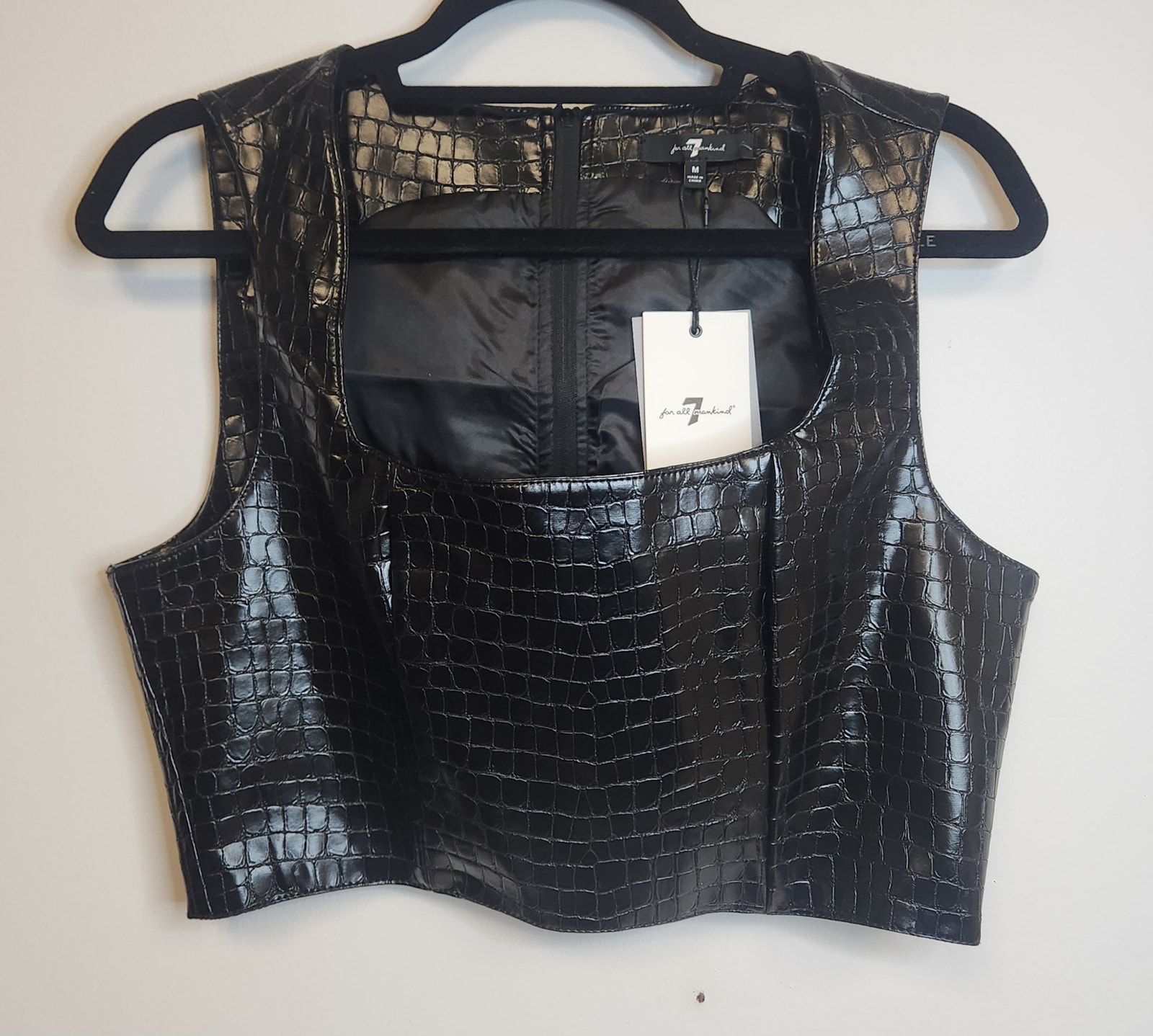 Nwt 7 For All Mankind Womens Black Croc-Embossed Faux Leather Crop Top-Size M
